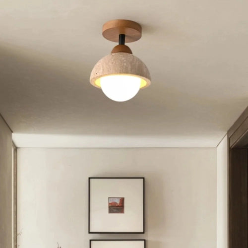 Japandi Style Travertine Ceiling Light Fixture – Elegant Flush Mount Ceiling Lamp for Dining Room and Living Spaces