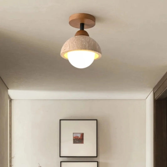 Japandi Style Travertine Ceiling Light Fixture – Elegant Flush Mount Ceiling Lamp for Dining Room and Living Spaces