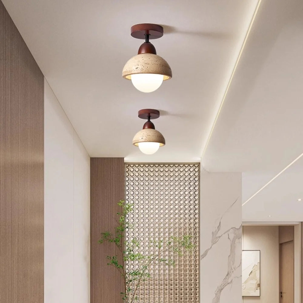 Japandi Style Travertine Ceiling Light Fixture – Elegant Flush Mount Ceiling Lamp for Dining Room and Living Spaces