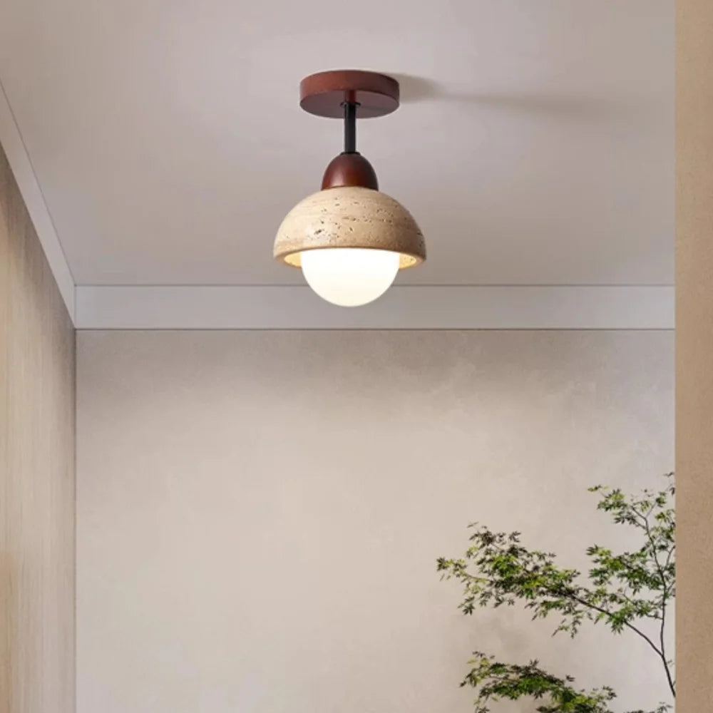 Japandi Style Travertine Ceiling Light Fixture – Elegant Flush Mount Ceiling Lamp for Dining Room and Living Spaces