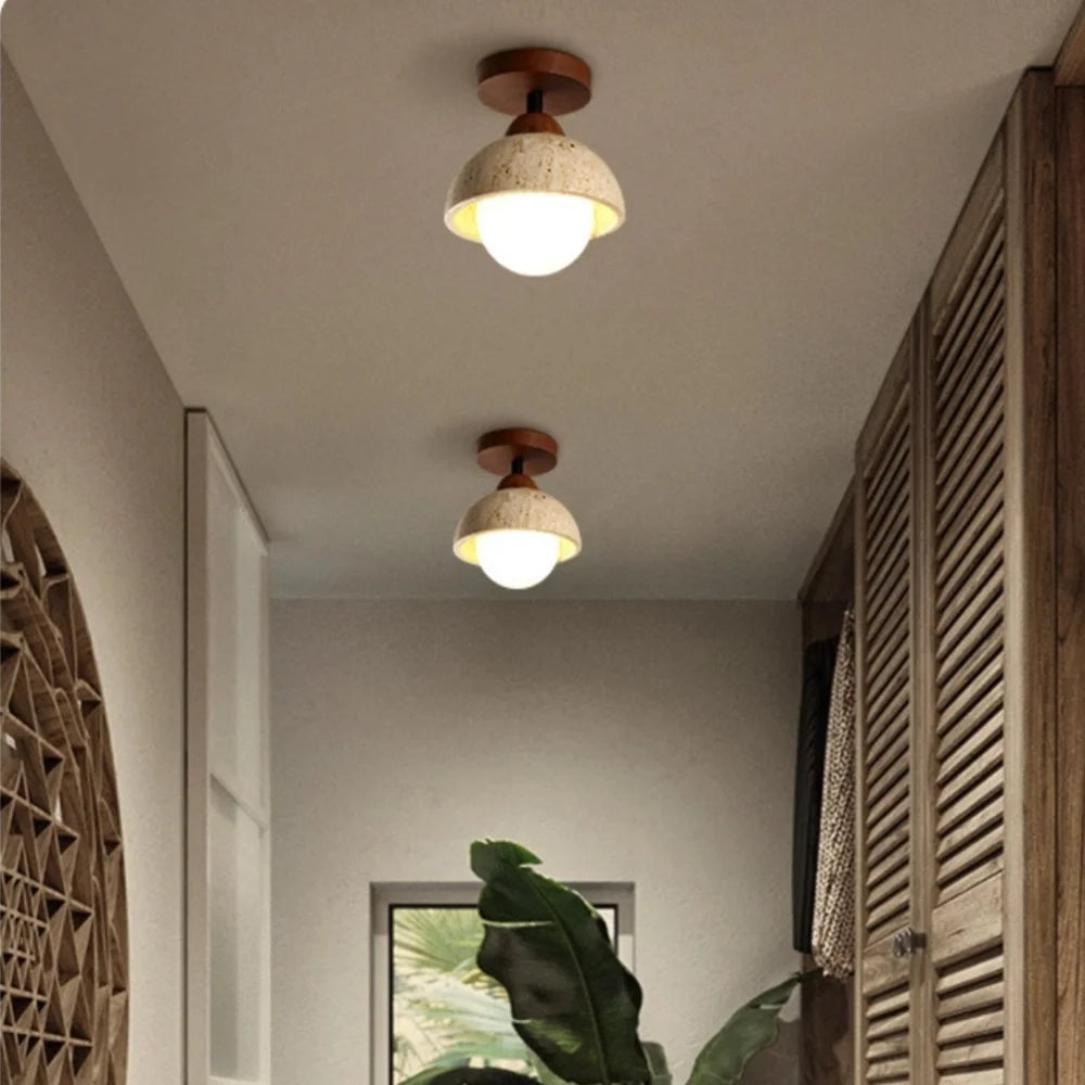 Japandi Style Travertine Ceiling Light Fixture – Elegant Flush Mount Ceiling Lamp for Dining Room and Living Spaces