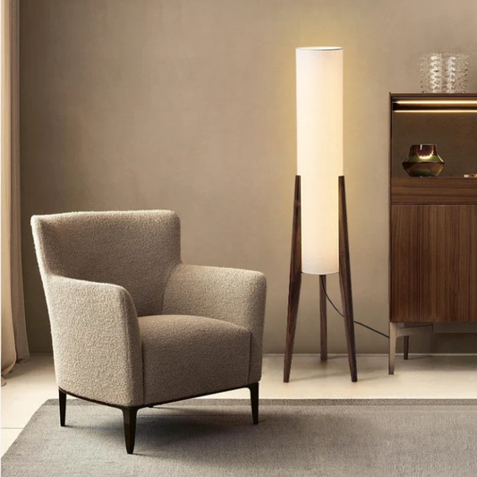 Lampadaire moderne en noyer massif pour salon – lampe sur pied élégante à lumière douce et montage facile